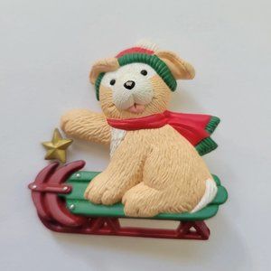 Hallmark Brooch Pin Dog on Sled holding star Christma